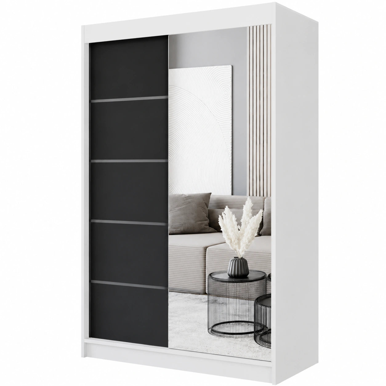 Moderner Kleiderschrank mit Schiebetüren 120x200x58 cm, Weiß/Schwarz, mit Spiegel