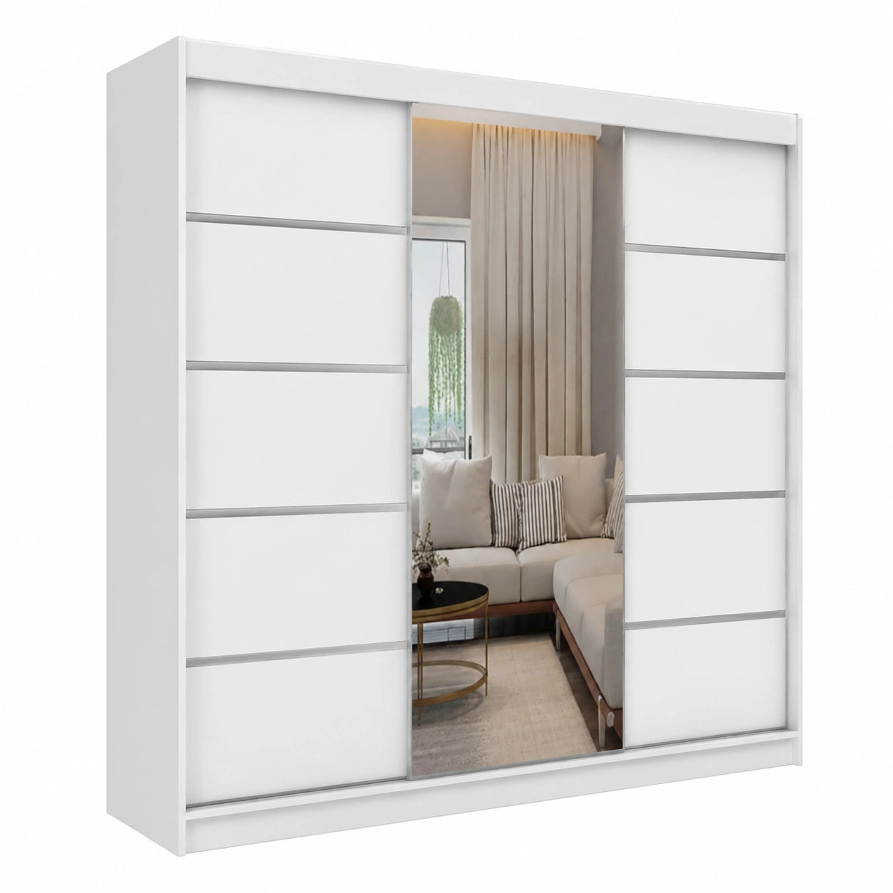 Moderner Kleiderschrank mit Spiegel - Weiß, 3 Schiebetüren, 200 cm