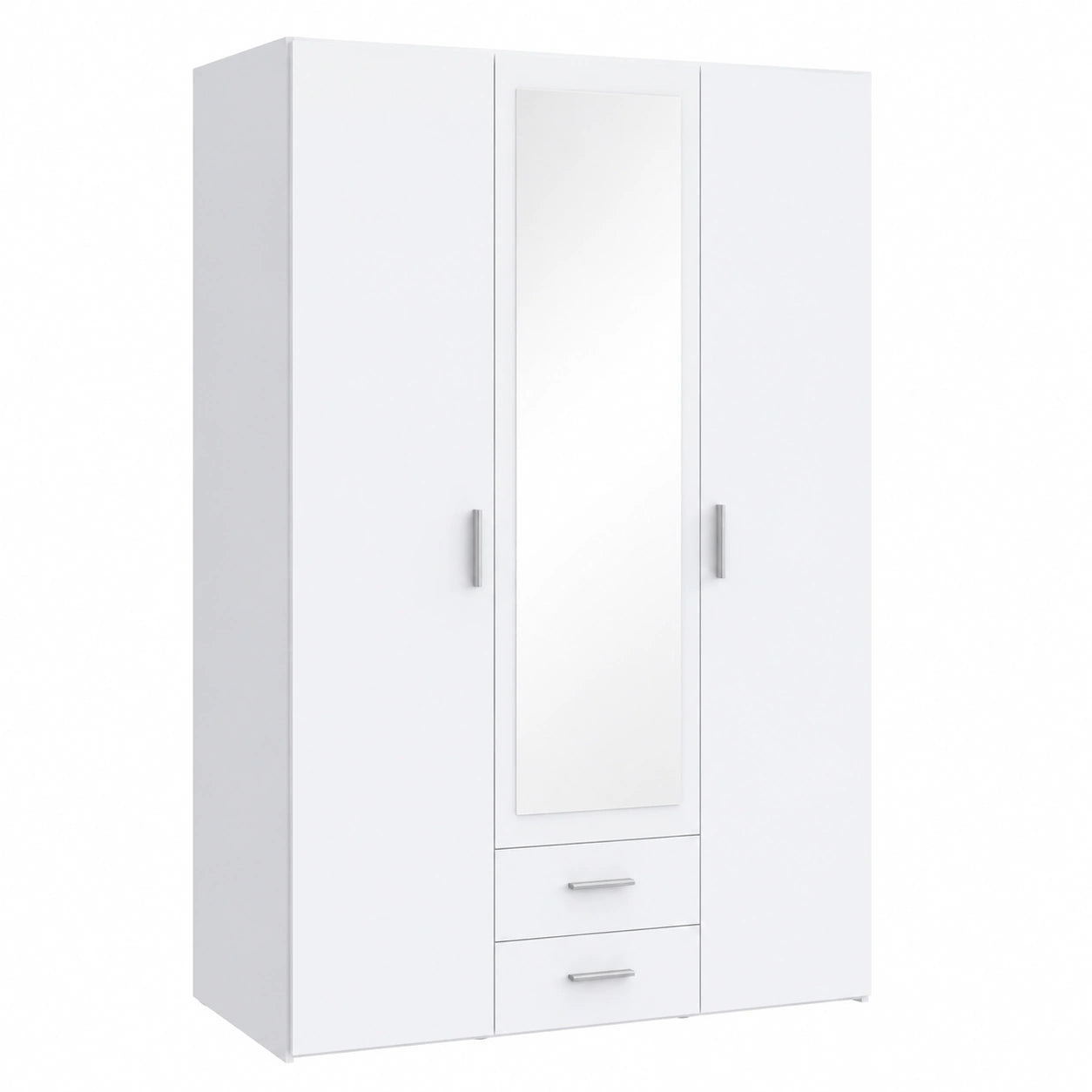 Moderner Drehtürenschrank mit Spiegel und Schubladen, 3-türig, Weiß, 131 cm breit