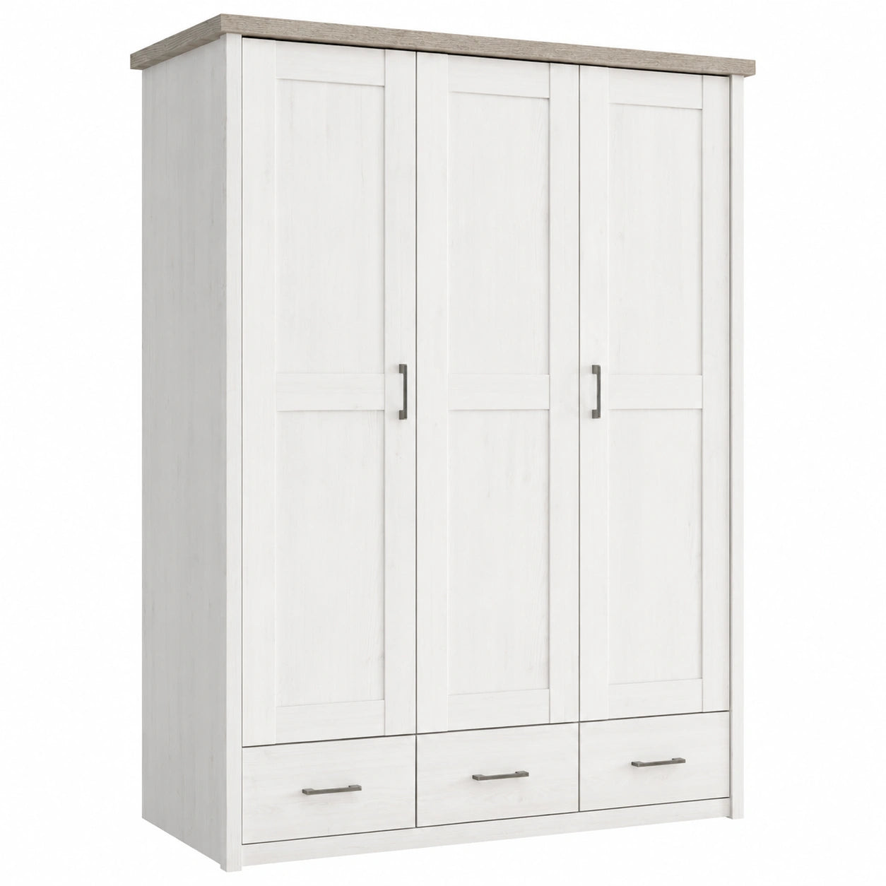 LUCA Geräumiger Kleiderschrank für das Babyzimmer, 3-türig - Flexibler Stauraum in Pinie Weiß/Trüffel, 148x201x62 cm