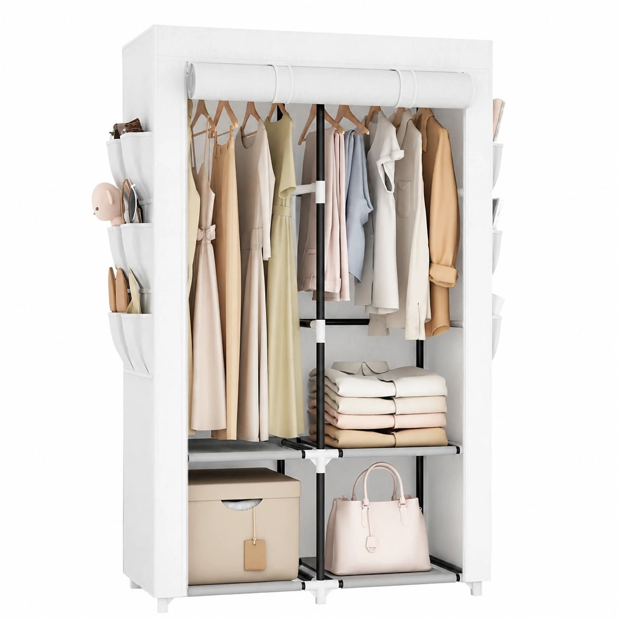 Vicye Stoff-Kleiderständer mit 4 Regalen, 2 Stangen und 6 Taschen, Stabil und Einfach zu Montieren, Weißer Kasten mit Abdeckung für Schlafzimmer