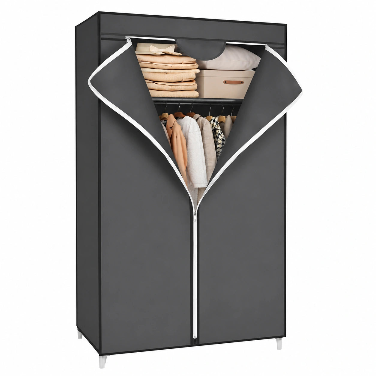 SONGMICS Faltbarer Stoffschrank mit Kleiderstange, grauer Organizer für Schlafzimmer, 75x45x160 cm