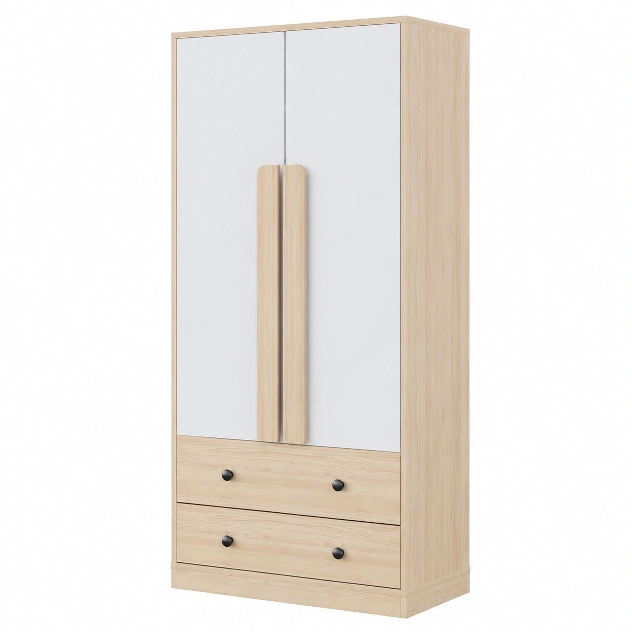 Moderner 70cm Kleiderschrank mit Doppeltür, Vielseitig einsetzbar mit Regal, Schubladen und Kleiderstange, Weiß und Holzfarben, für Schlafzimmer