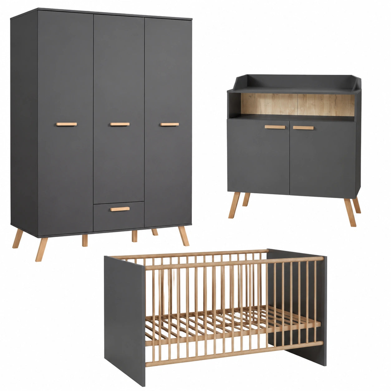 Moderne Babyzimmer-Kombination Mats in Grau mit Massivholzdetails
