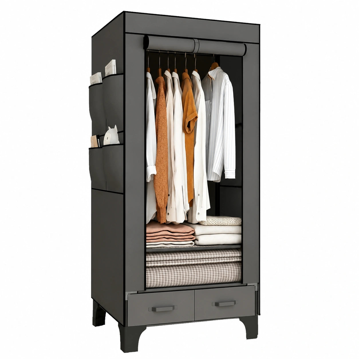 Stabiler Stoffkleiderschrank mit Schubladen und Seitentaschen, Ideal für Camping und Schlafzimmer, Schwarz 59x45x160 cm