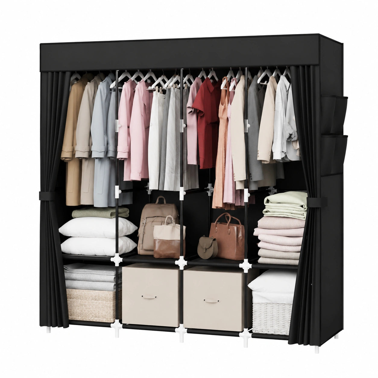 Stoff-Kleiderschrank Mavivegue, 170x42x170 cm, stabil mit 4 Stangen & 8 Fächern, faltbar für Schlaf- und Wohnzimmer, Schwarz