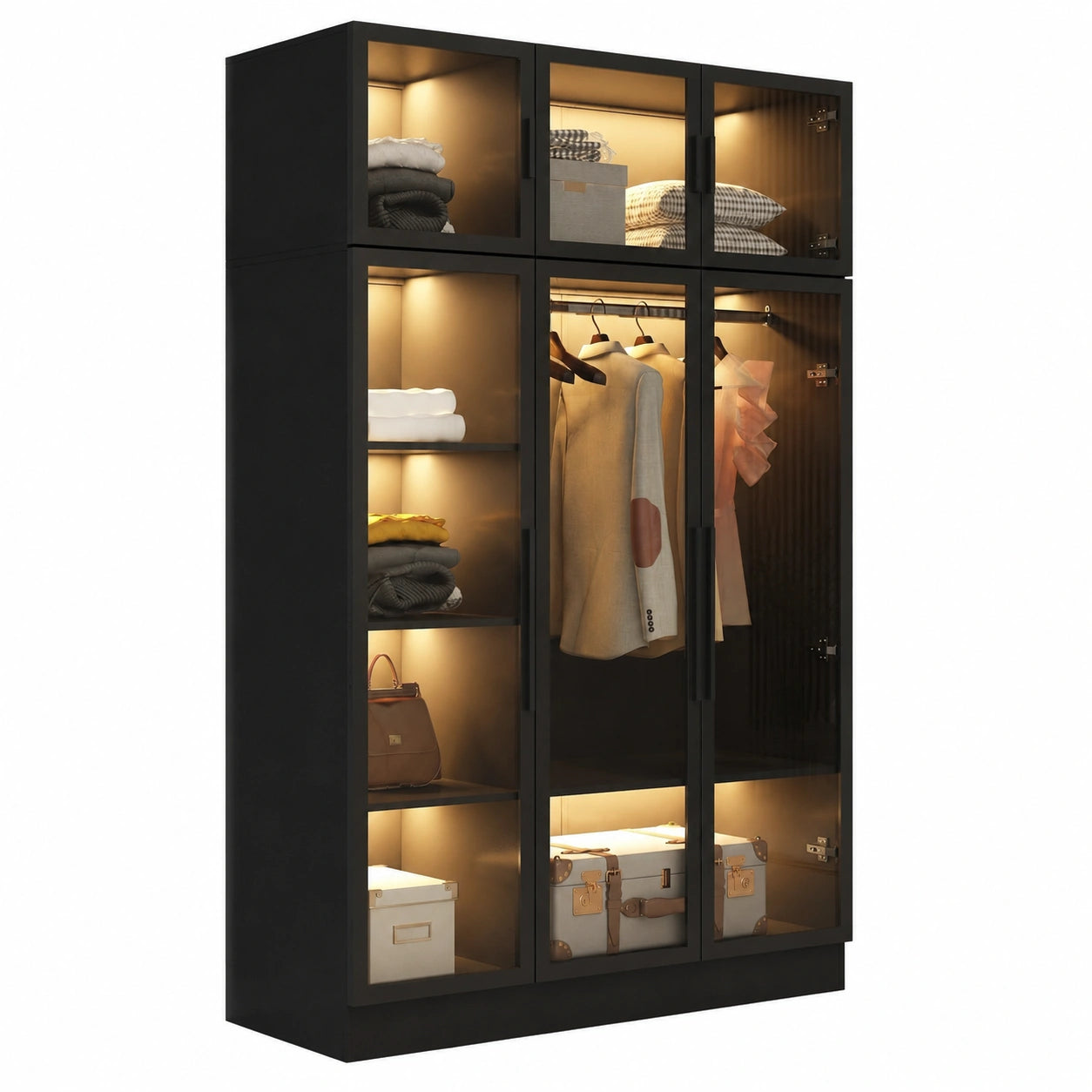 Moderner 6-türiger Glas-Kleiderschrank mit LED-Beleuchtung, MDF, 120x48x190 cm, Schwarz