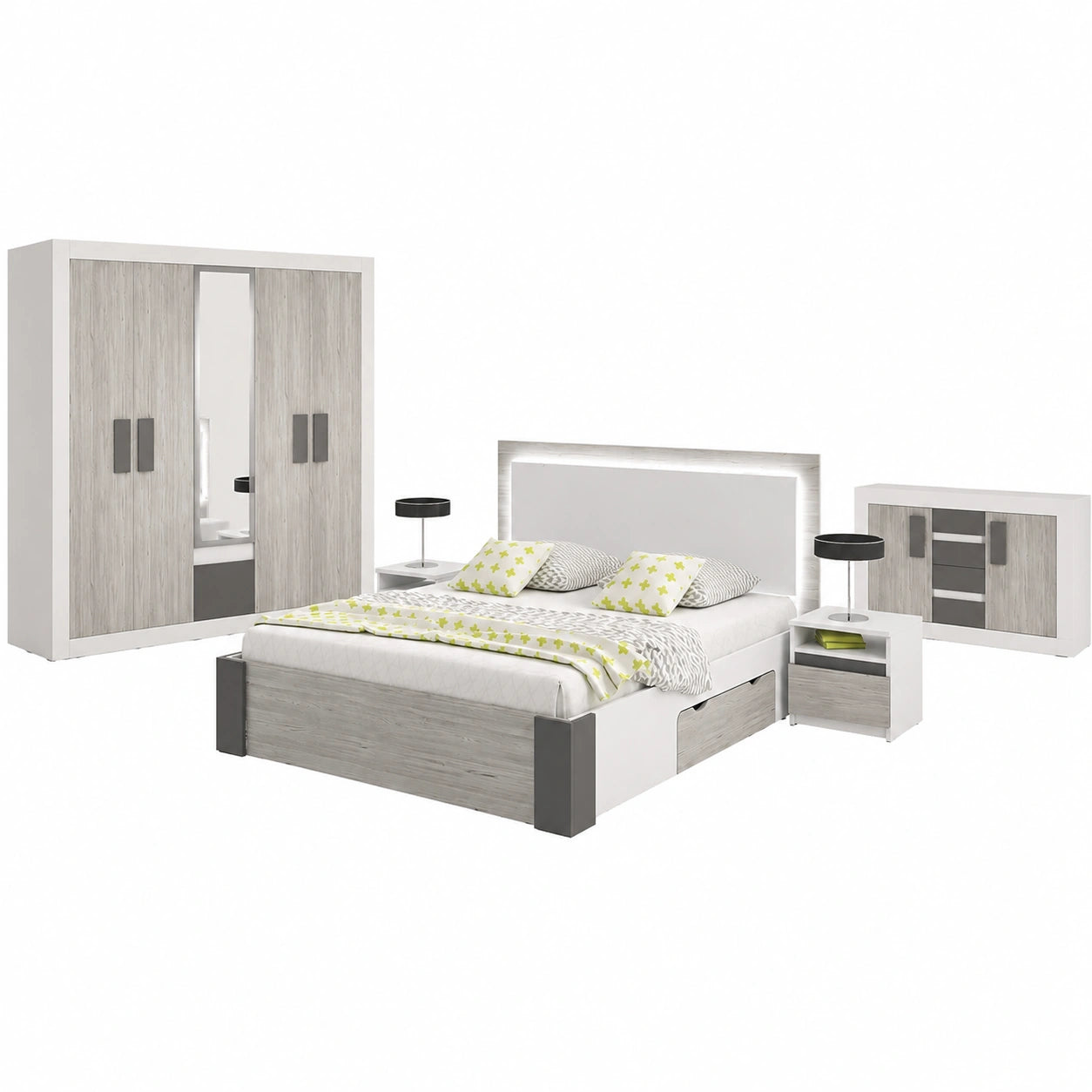 Modernes Schlafzimmer-Set mit Bett, Kleiderschrank und Kommode - Stilvolles Design in Weiß und Grau