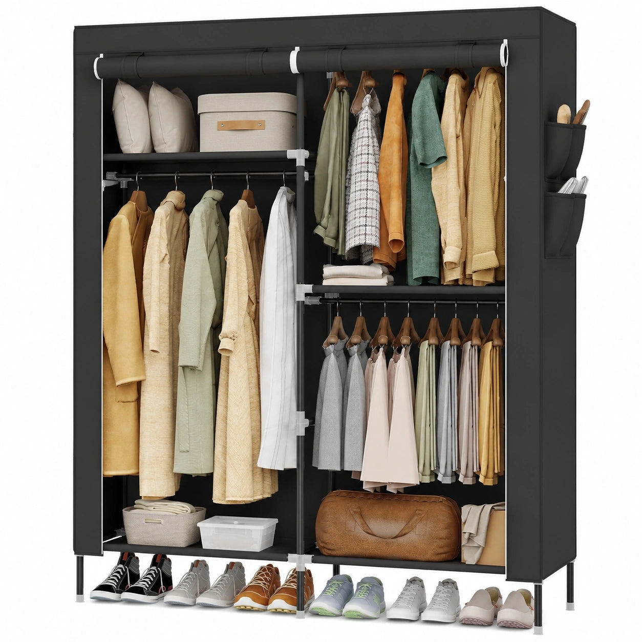 Großer SONGMICS Stoffkleiderschrank, mit Stange und Ablagen, schwarz, 45 x 127 x 180 cm