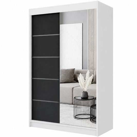 Moderner Kleiderschrank mit Schiebetüren 120x200x58 cm, Weiß/Schwarz, mit Spiegel