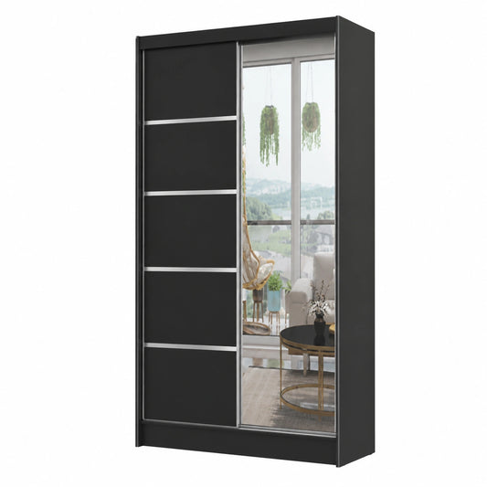 Schwarzer Kleiderschrank mit Schiebetüren und Spiegel 100 cm - Multifunktionale Schlafzimmeraufbewahrung