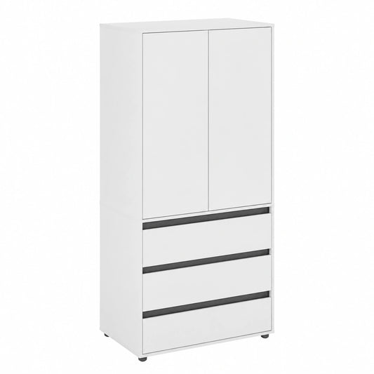 KOMTO Weißer Kinder- und Schlafzimmer-Schrank mit 2 Türen & 3 Schubladen, Mehrzweck-Garderobenschrank, 90x192x53 cm