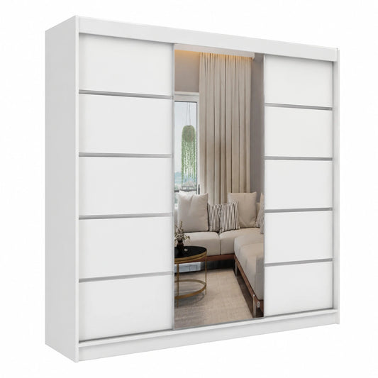 Moderner Kleiderschrank mit Spiegel - Weiß, 3 Schiebetüren, 200 cm