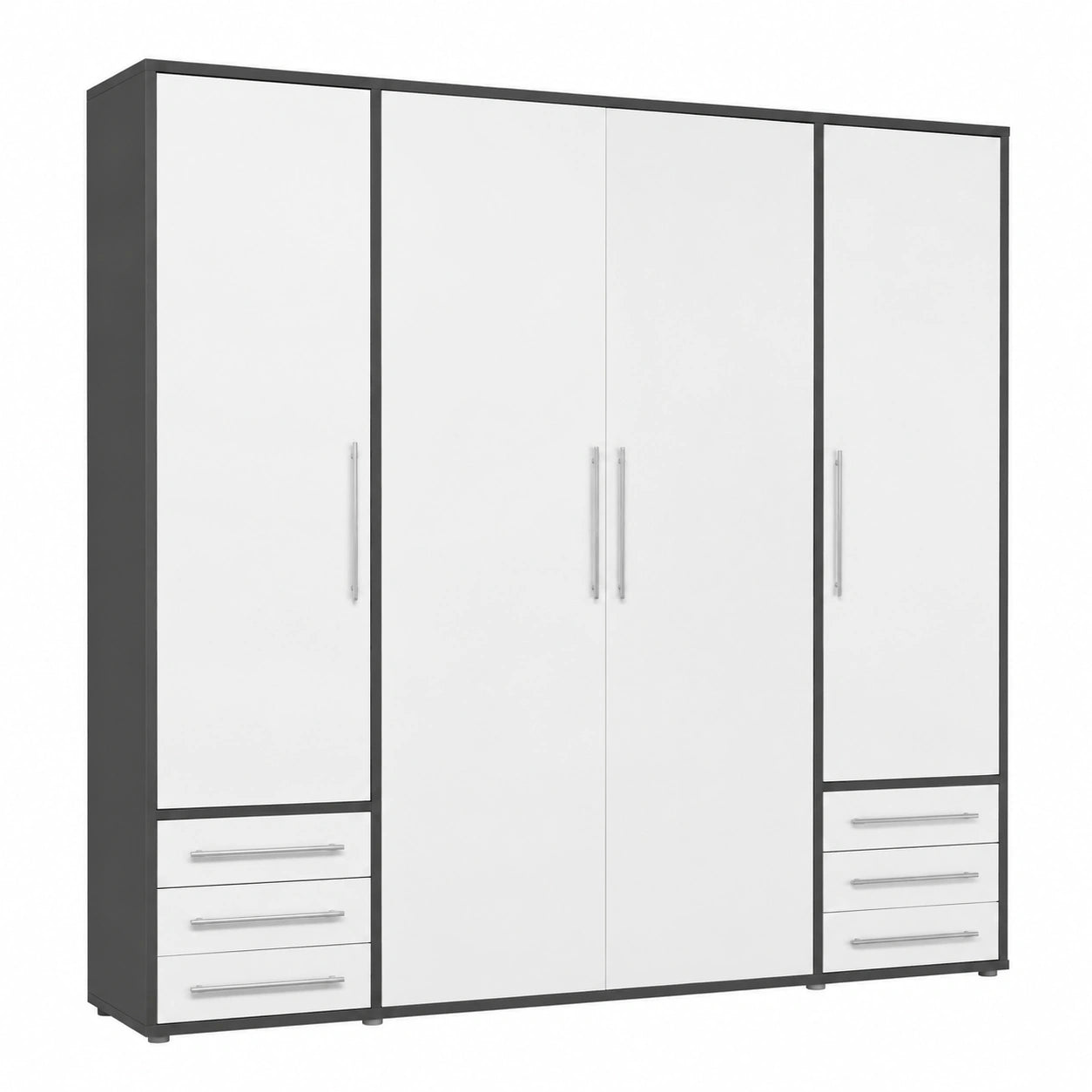 Stella Trading LYSS 4-Türiger Schlafzimmerschrank mit Schubladen, Weiß und Graphit, 206x194x58 cm