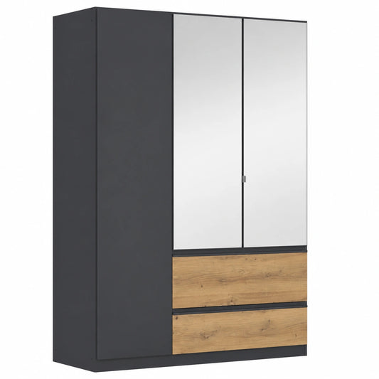 Rauch Möbel Kleiderschrank 3-türig mit Spiegel und Schubladen, Grau Metallisch/Schwarz-Eiche, 136 cm Breite, Push-to-Open für Schlafzimmer