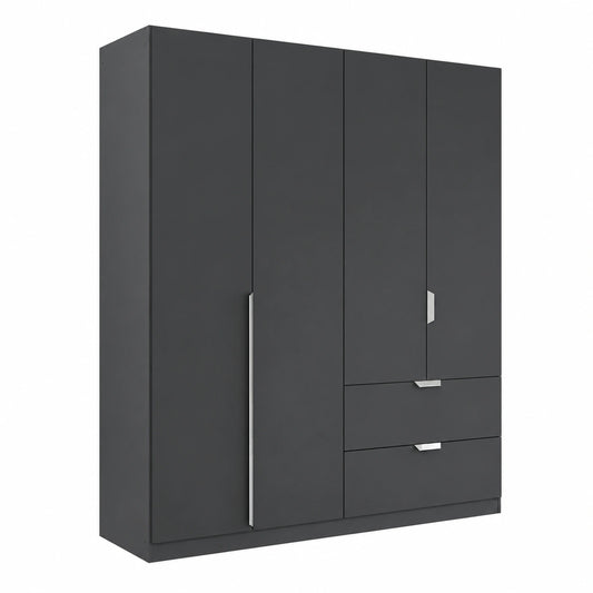 Rauch Möbel Glamour Drehtürenschrank mit Hochglanz-Effekt, Grau/Schwarz, 4-türig, inkl. Kleiderstangen und Schubladen, 181x210x54 cm