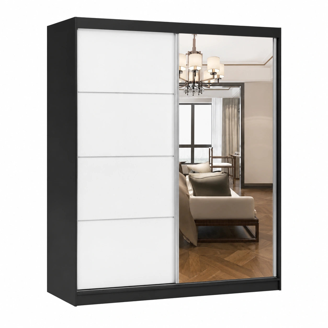 Moderner Kleiderschrank mit Spiegel, Schiebetüren, Schwarz-Weiß Hochglanz, 183 cm