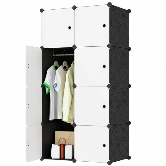Modularer Kleiderschrank mit Türen und Kleiderstange - 8 Würfel, Magnetverschluss, Weiß