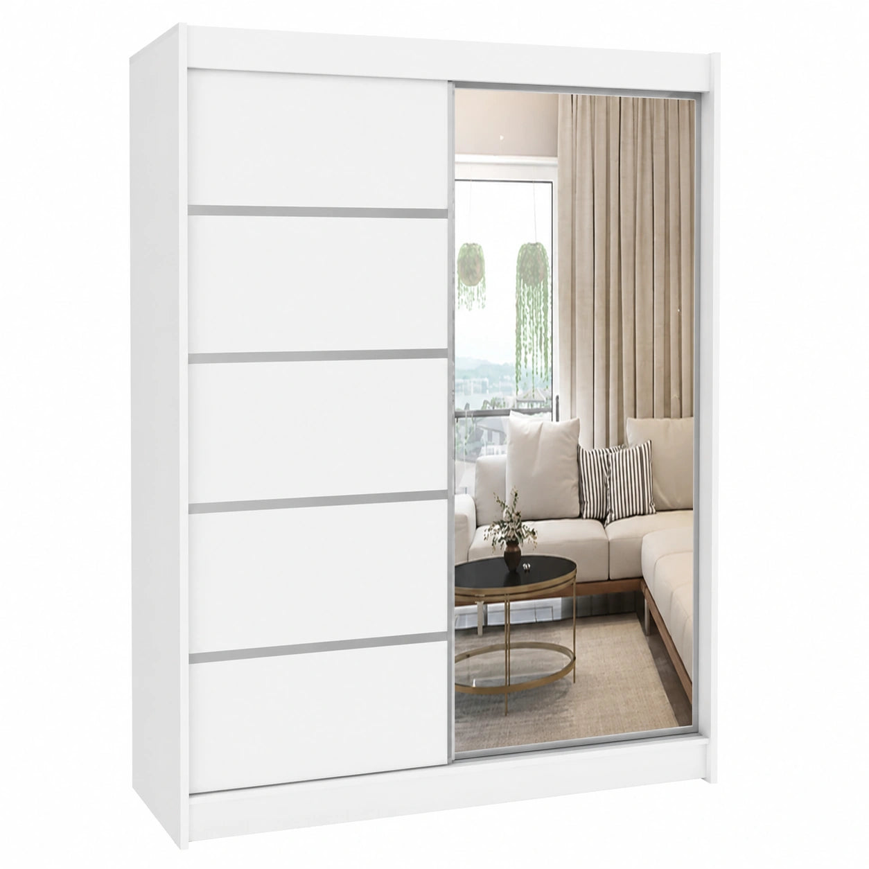 Weißer ML Schwebetürenschrank mit Spiegel 150x200x58 cm für Schlafzimmer und Wohnzimmer