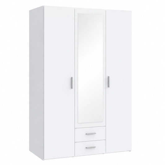 Moderner Drehtürenschrank mit Spiegel und Schubladen, 3-türig, Weiß, 131 cm breit