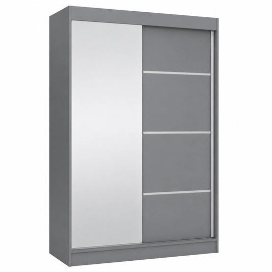 Brent - Moderner grauer Kleiderschrank Tom mit Spiegel, 120cm Breite, inklusive Kleiderstange und Regalböden