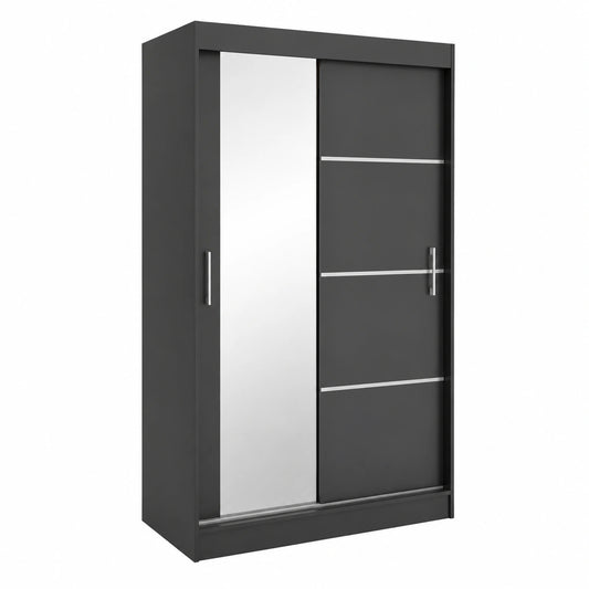 Moderner Kleiderschrank Brent mit Spiegel, 100 cm, Schwarz, inkl. 2 Kleiderstangen und Regalböden