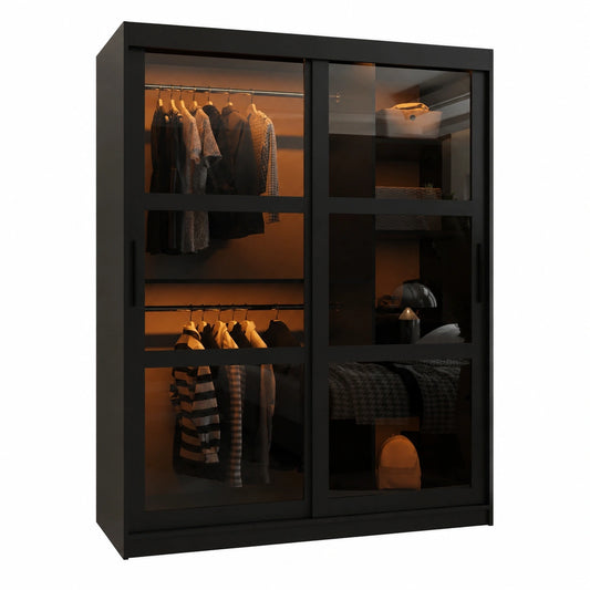 Moderner Schlafzimmerschrank mit Spiegeltüren, Regalen und Rauchglas, 200x150x62 cm, Schwarz