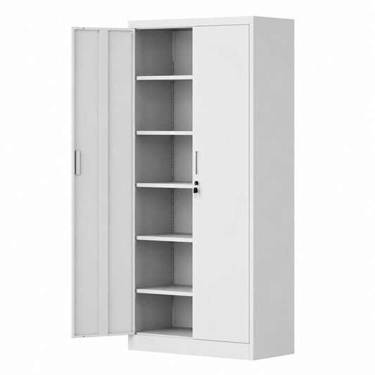 Metall-Büroschrank mit abschließbaren Türen & 5 Flexiblen Regalböden, 180x80x40cm, Weiß