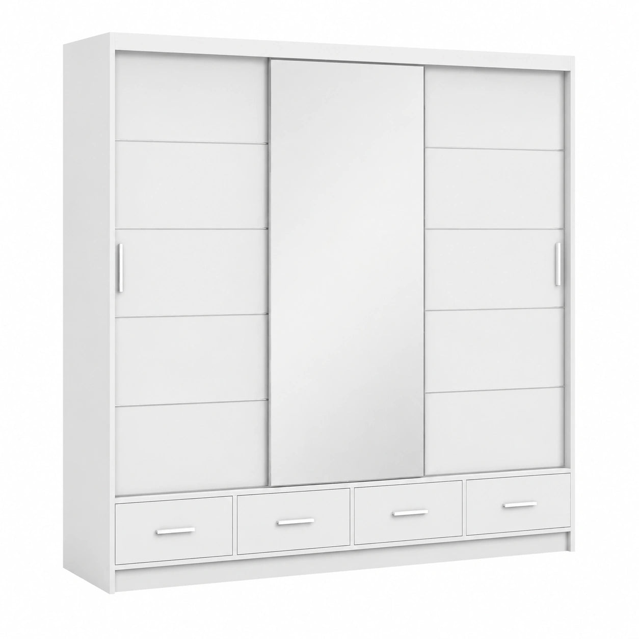 Moderner weißer Schwebetürenschrank mit Spiegel und Schubladen, 250x218x61 cm