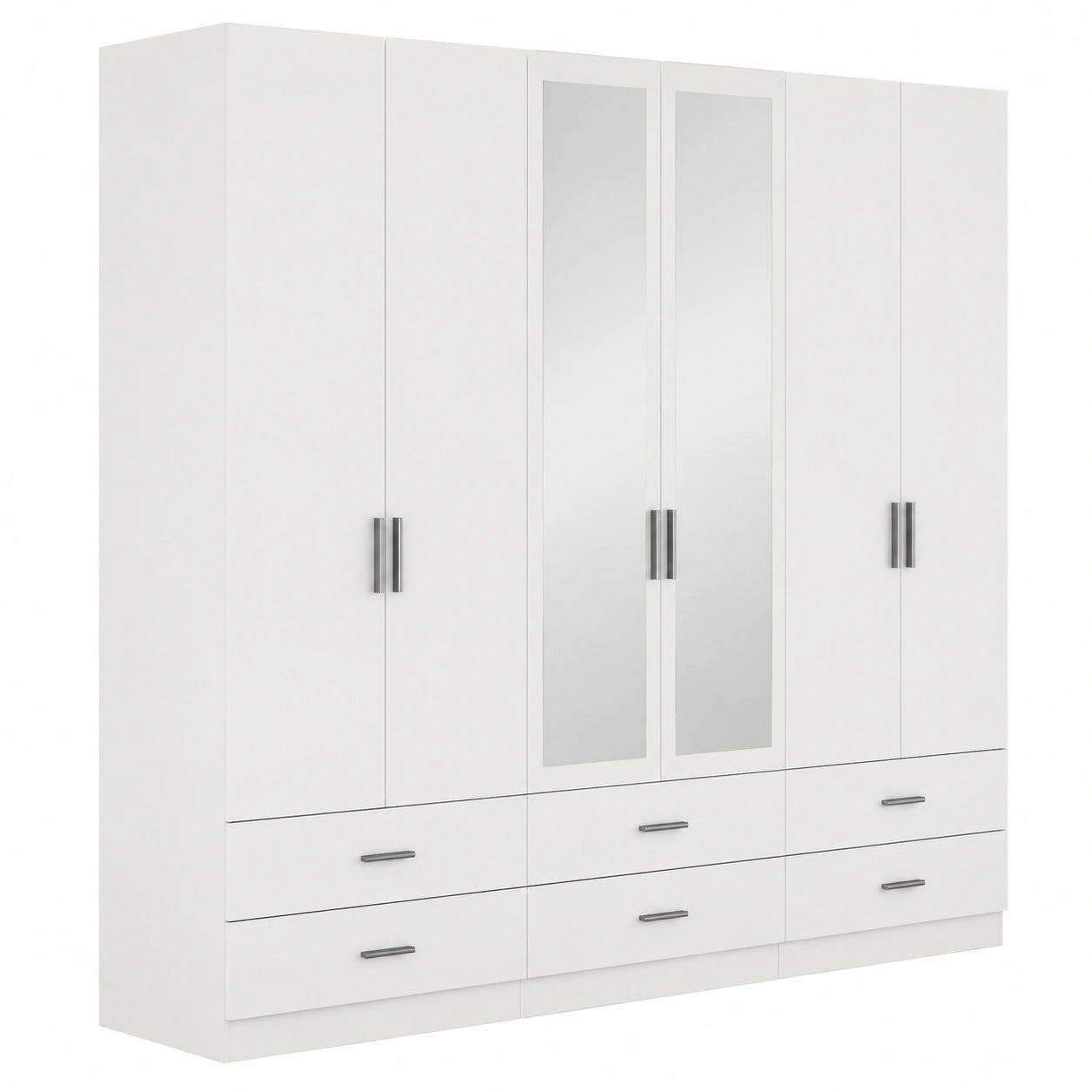 Moderner Kleiderschrank 270 cm, Weiß mit Spiegel, 6 Türen und Schubladen
