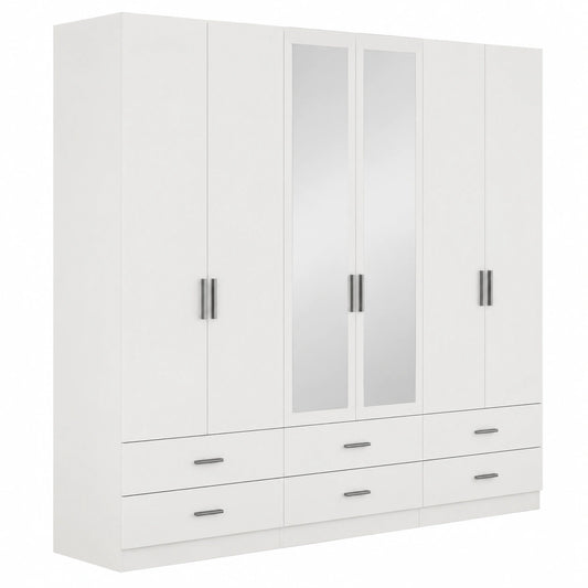 Moderner Kleiderschrank 270 cm, Weiß mit Spiegel, 6 Türen und Schubladen
