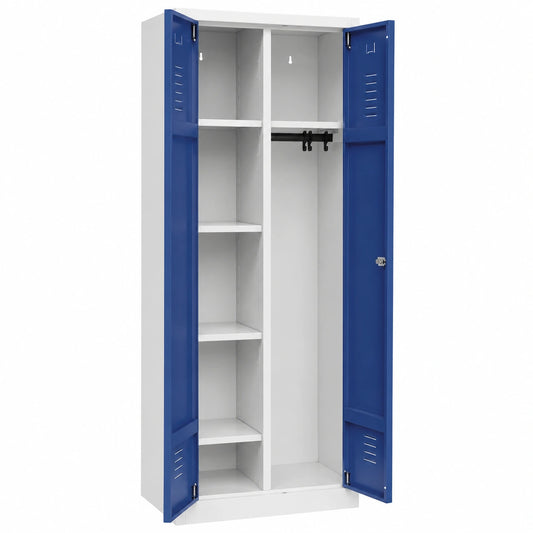 Vielseitiger Putzmittelschrank mit Trennwand und Hakenleiste, 7 Fächer, 180x60x50 cm, Grau/Blau, montagefertig