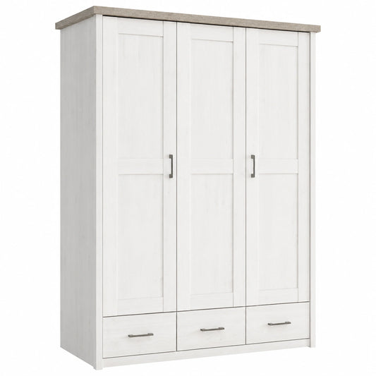 LUCA Geräumiger Kleiderschrank für das Babyzimmer, 3-türig - Flexibler Stauraum in Pinie Weiß/Trüffel, 148x201x62 cm