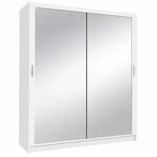 Moderner weißer Schiebetür-Kleiderschrank mit Spiegel, 100x216x62 cm, 2 Kleiderstangen für Schlafzimmer