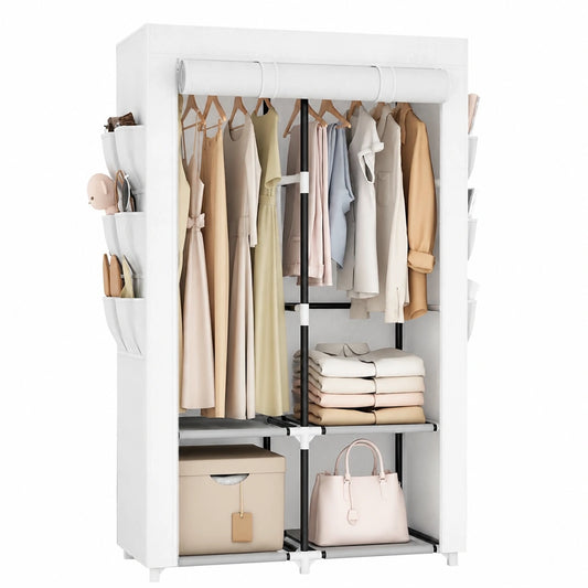 Vicye Stoff-Kleiderständer mit 4 Regalen, 2 Stangen und 6 Taschen, Stabil und Einfach zu Montieren, Weißer Kasten mit Abdeckung für Schlafzimmer