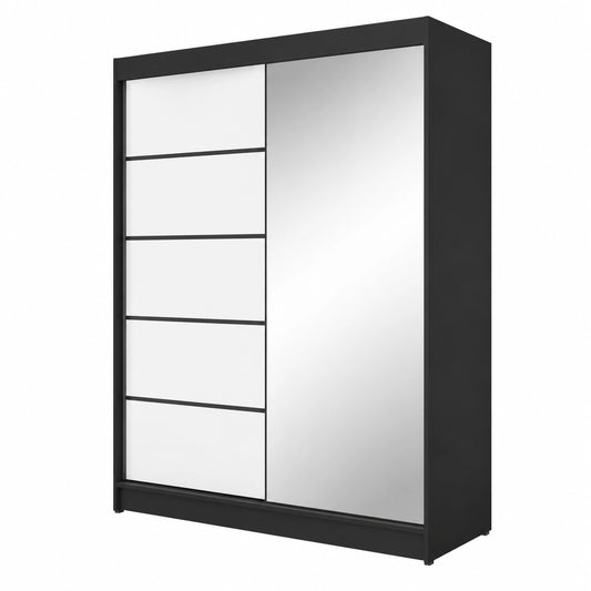 Großer Kleiderschrank mit Spiegel, Schiebetüren, 180 cm, Schwarz/Weiß