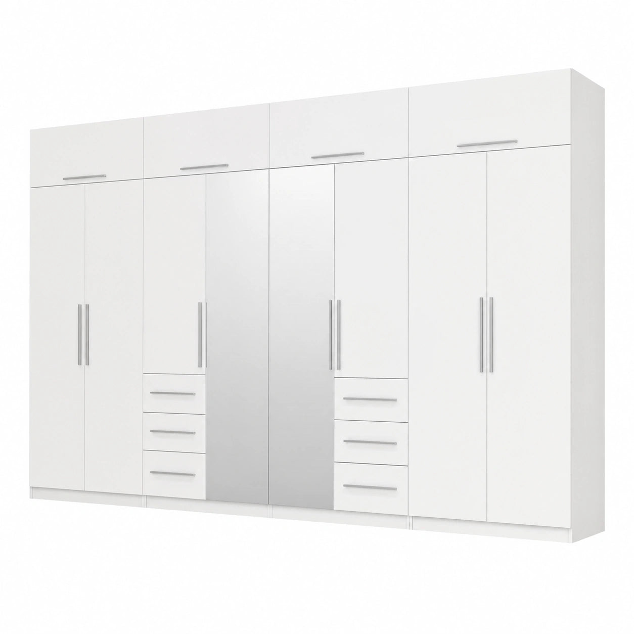 Großer Schlafzimmerschrank mit Spiegel und Schubladen, 360x220 cm, Weiß
