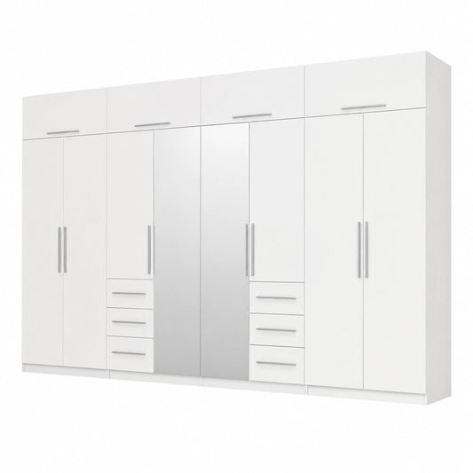 Großer Schlafzimmerschrank mit Spiegel und Schubladen, 360x220 cm, Weiß