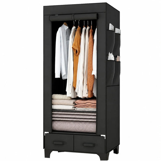 Stabiler faltbarer Stoffschrank mit Schubladen und Seitentaschen, 69cm breit, schwarz