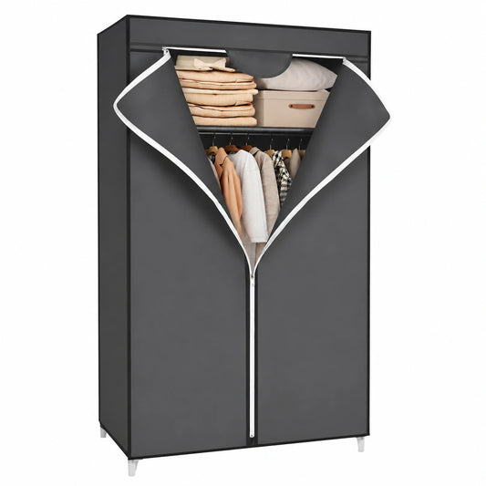 SONGMICS Faltbarer Stoffschrank mit Kleiderstange, grauer Organizer für Schlafzimmer, 75x45x160 cm