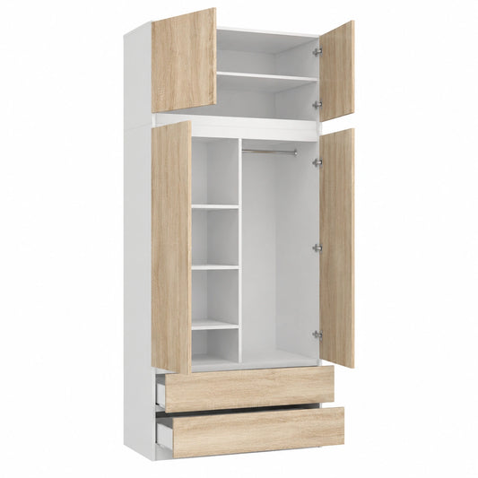 Moderner Kleiderschrank mit 4 Türen und 2 Schubladen, Weiß/Eiche, für Schlafzimmer und Flur, 234x90x51cm