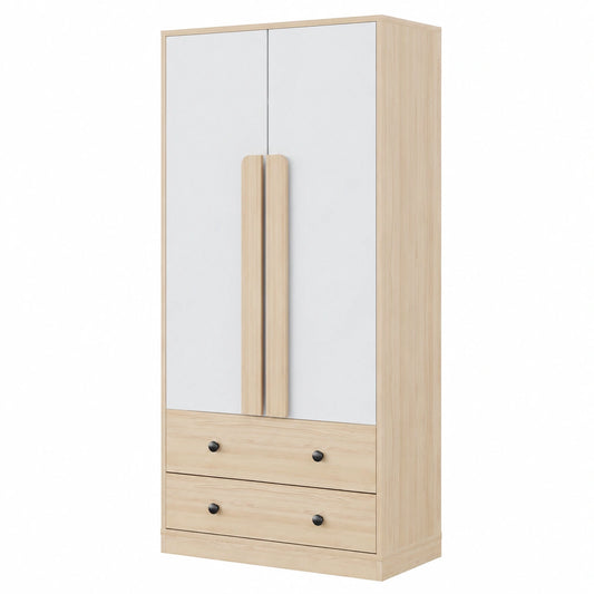 Moderner 70cm Kleiderschrank mit Doppeltür, Vielseitig einsetzbar mit Regal, Schubladen und Kleiderstange, Weiß und Holzfarben, für Schlafzimmer