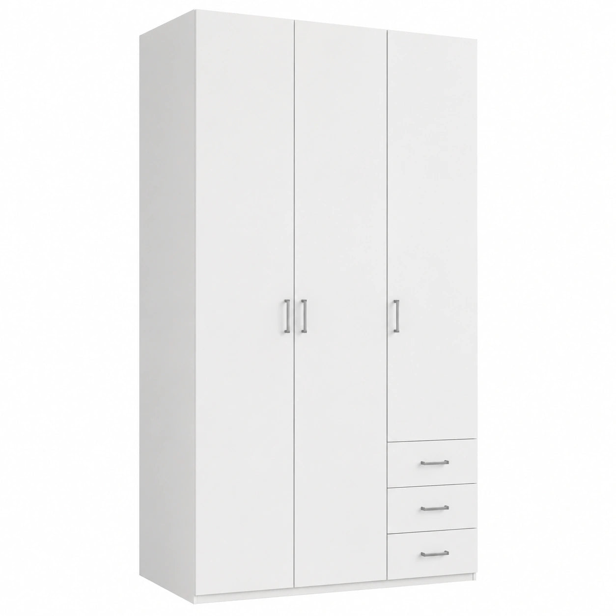 Moderner Kleiderschrank Weiß mit 3 Türen, Kleiderstange, Einlegeböden und Schubladen