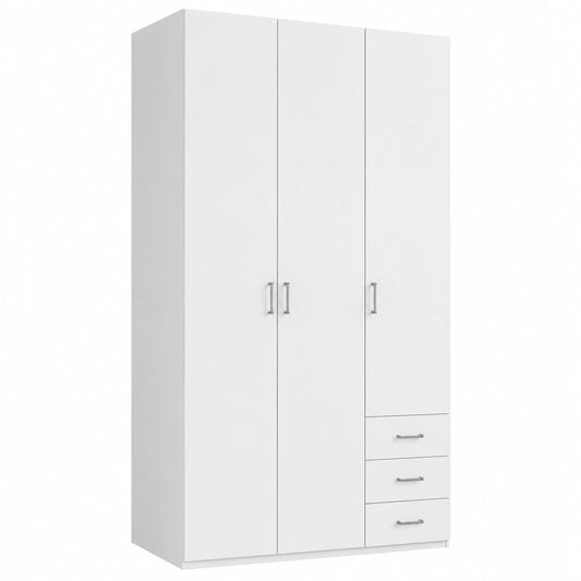 Moderner Kleiderschrank Weiß mit 3 Türen, Kleiderstange, Einlegeböden und Schubladen
