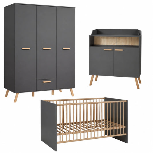 Moderne Babyzimmer-Kombination Mats in Grau mit Massivholzdetails