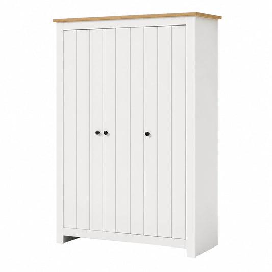 Moderner Kleiderschrank mit 3 Türen, weiß/Eicheoptik für Schlafzimmer, 175x120x52 cm