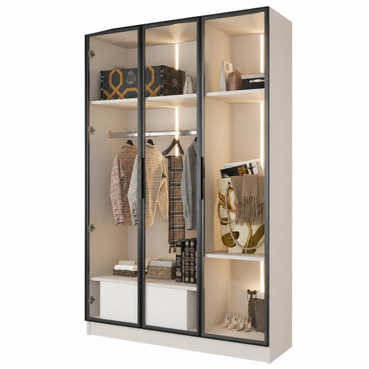 Moderner weißer Kleiderschrank mit Glastüren und LED-Beleuchtung - 110x50x160 cm