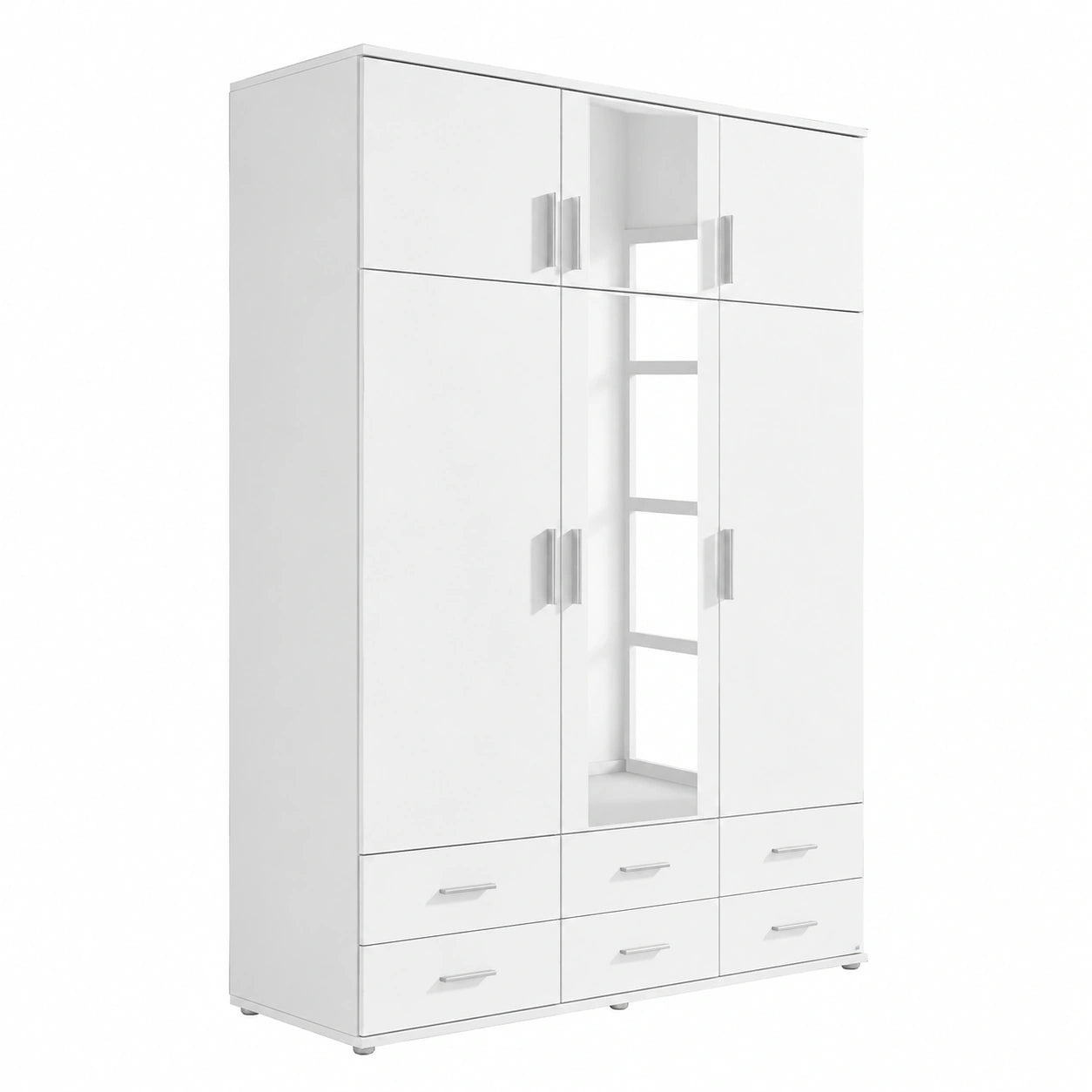 Weißer 6-türiger Kleiderschrank mit Spiegel aus Holz, 136 x 53 x 194 cm