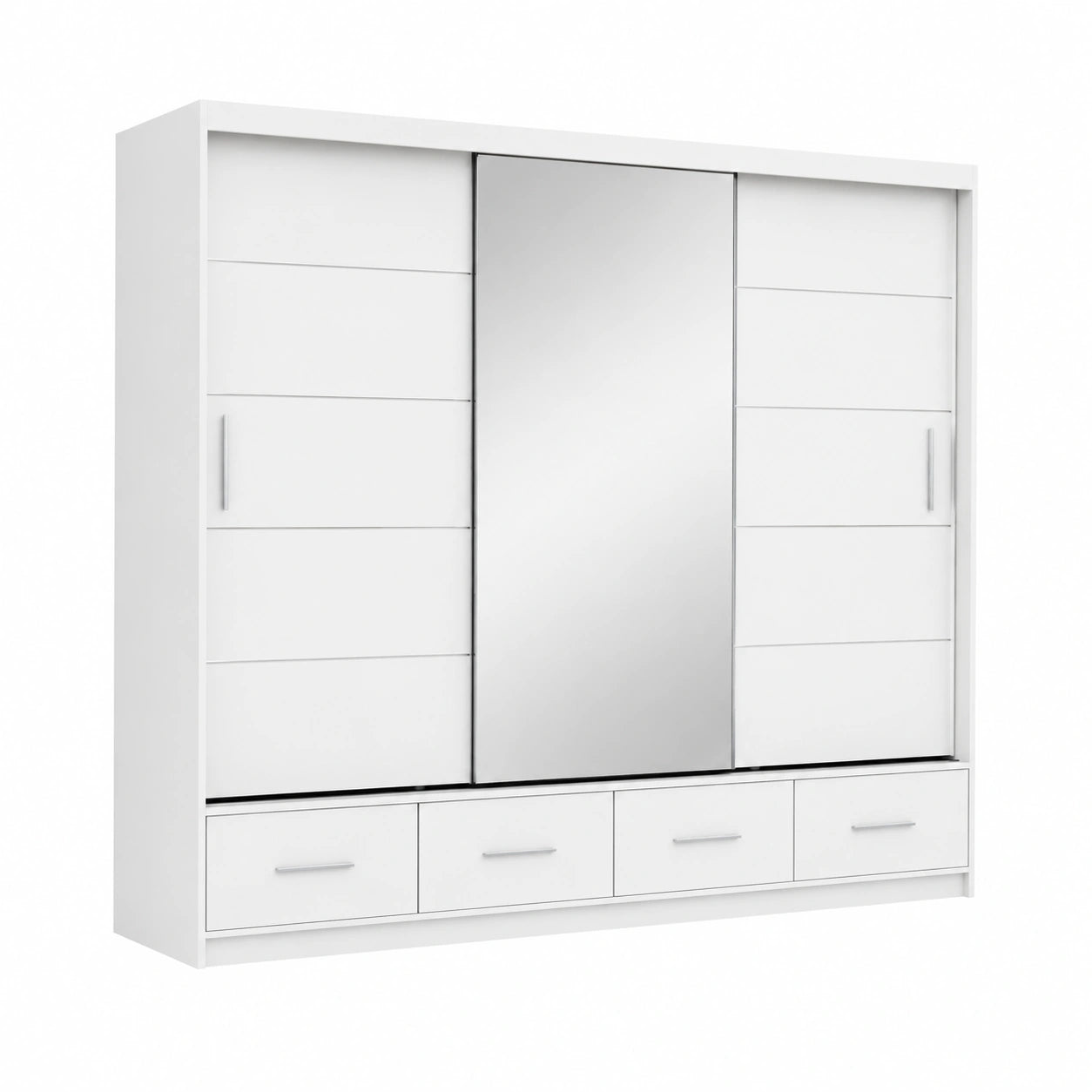 Großer Schwebetürenschrank Florence Weiß mit Spiegel und Schubladen – 4 Kleiderstangen, 250x218x61 cm