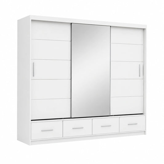 Großer Schwebetürenschrank Florence Weiß mit Spiegel und Schubladen – 4 Kleiderstangen, 250x218x61 cm